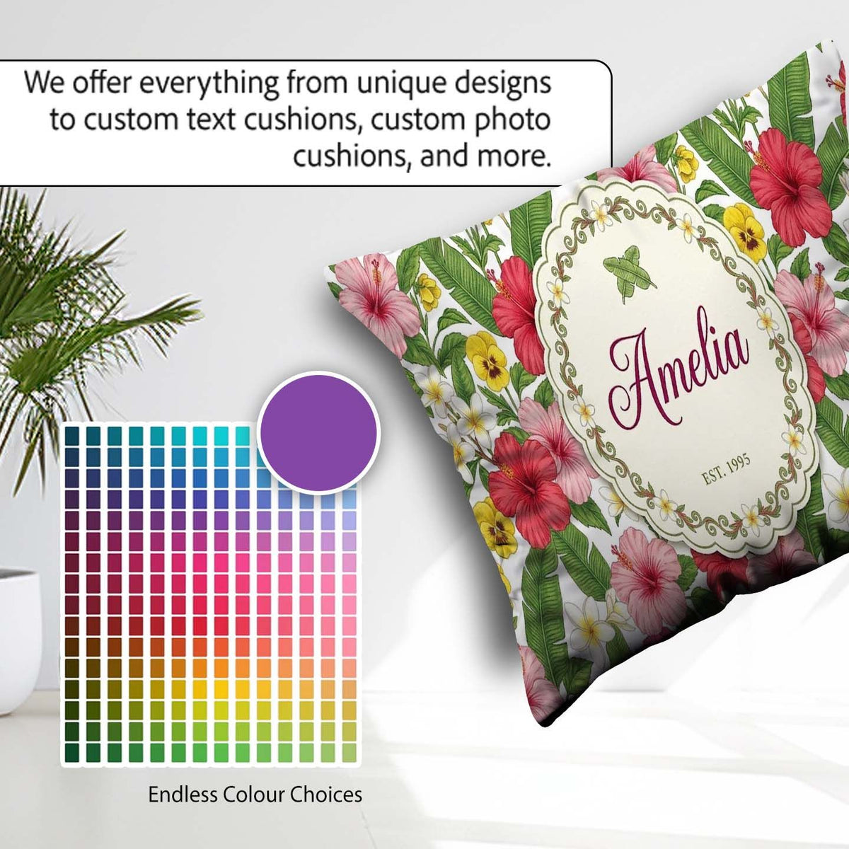 Custom Name Tropical Hibiscus Flowers Leaves Exotic Floral White Square Filled Cushion Throw Pillow Sofa Bed Home Decor Zip Washable UK Made