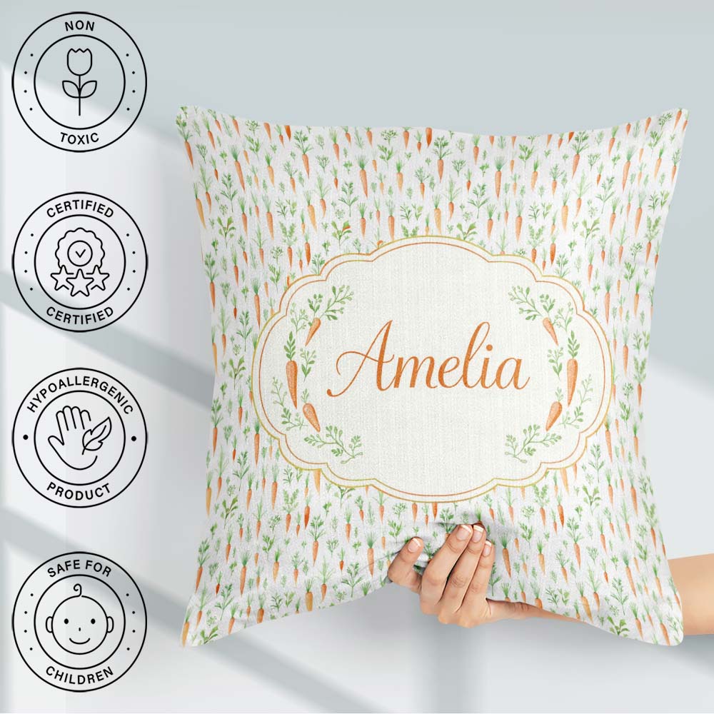 Custom Name Watercolor Carrot and Herb Botanical Seamless Lovely Square Filled Cushion Throw Pillow Sofa Bed Home Decor Zip Washable UK Made