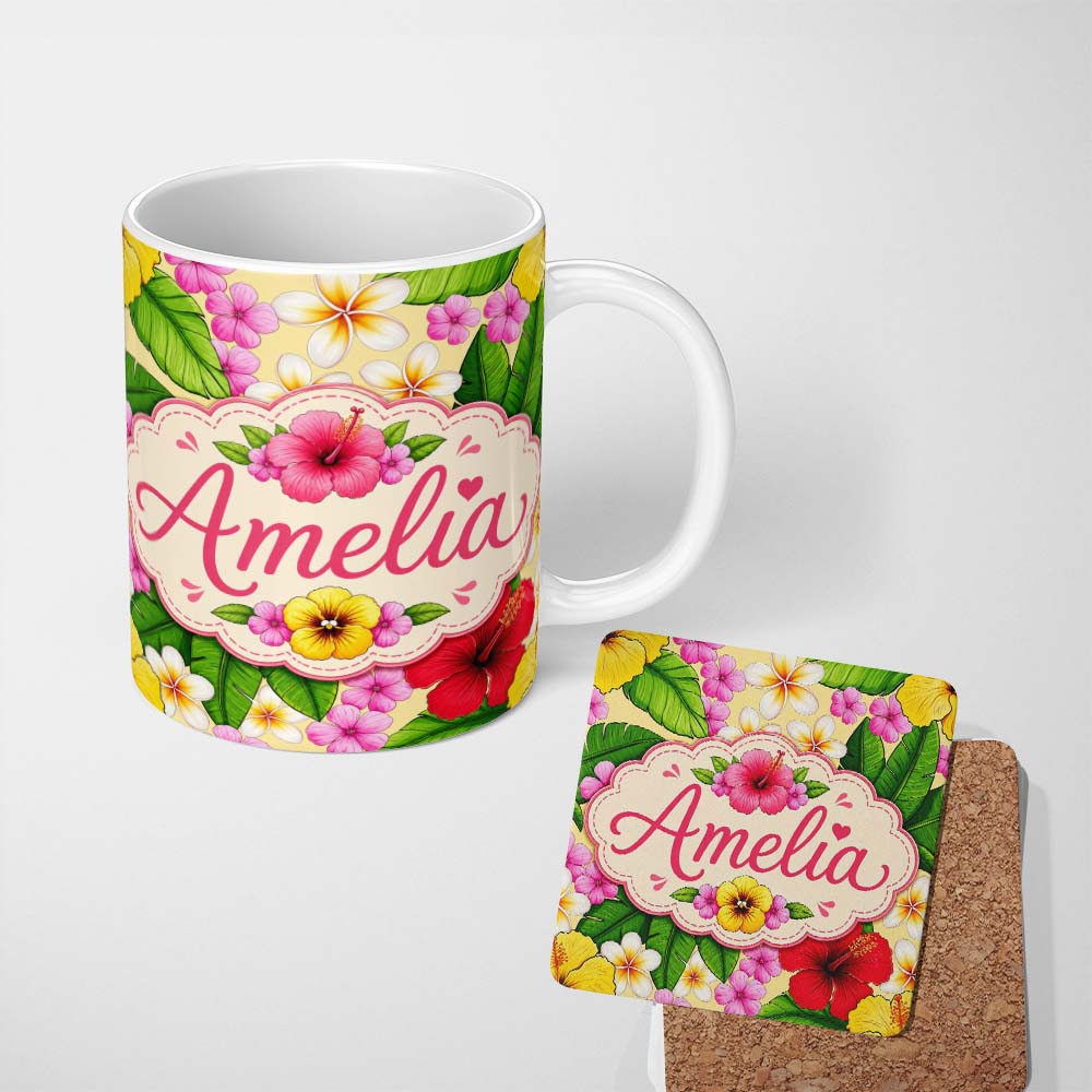 Personalized Custom Name Tropical Hibiscus Flowers Plumeria Leaves Exotic Floral Yellow 11oz Ceramic Coffee Tea Mug White Large Handle