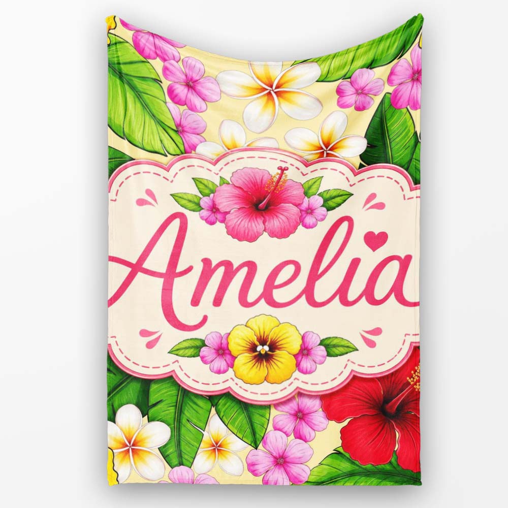 Tropical Hibiscus Flowers Plumeria Leaves Exotic Floral Yellow Personalised Custom Name Super Soft Fleece Blanket Bed Sofa Throw