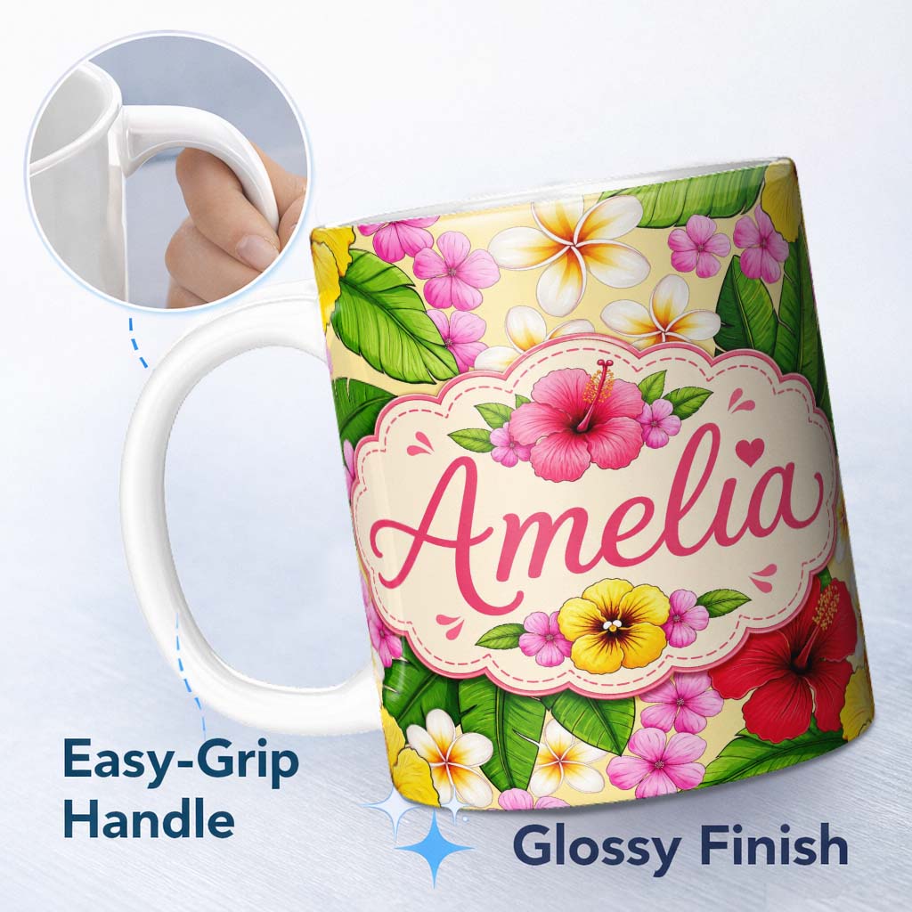 Personalized Custom Name Tropical Hibiscus Flowers Plumeria Leaves Exotic Floral Yellow 11oz Ceramic Coffee Tea Mug White Large Handle