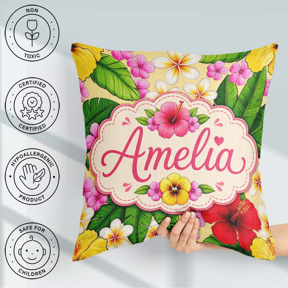 Custom Name Tropical Hibiscus Flowers Plumeria Leaves Exotic Square Filled Cushion Throw Pillow Sofa Bed Home Decor Zip Washable UK Made