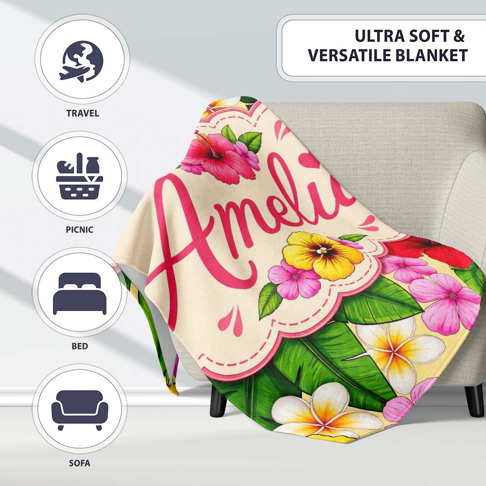Tropical Hibiscus Flowers Plumeria Leaves Exotic Floral Yellow Personalised Custom Name Super Soft Fleece Blanket Bed Sofa Throw