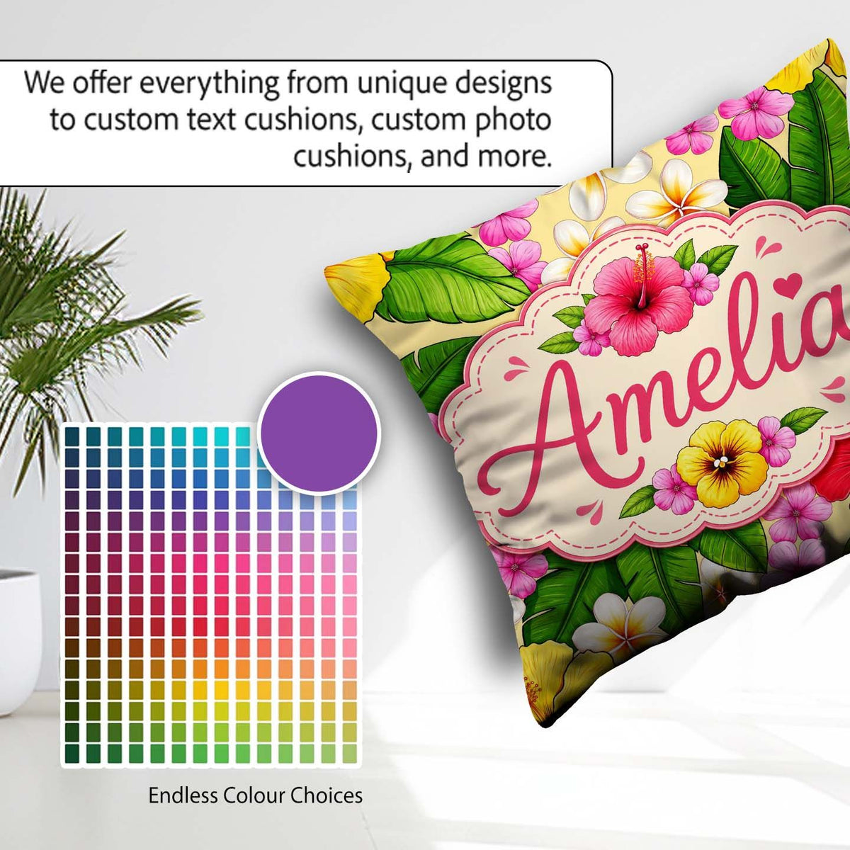 Custom Name Tropical Hibiscus Flowers Plumeria Leaves Exotic Square Filled Cushion Throw Pillow Sofa Bed Home Decor Zip Washable UK Made