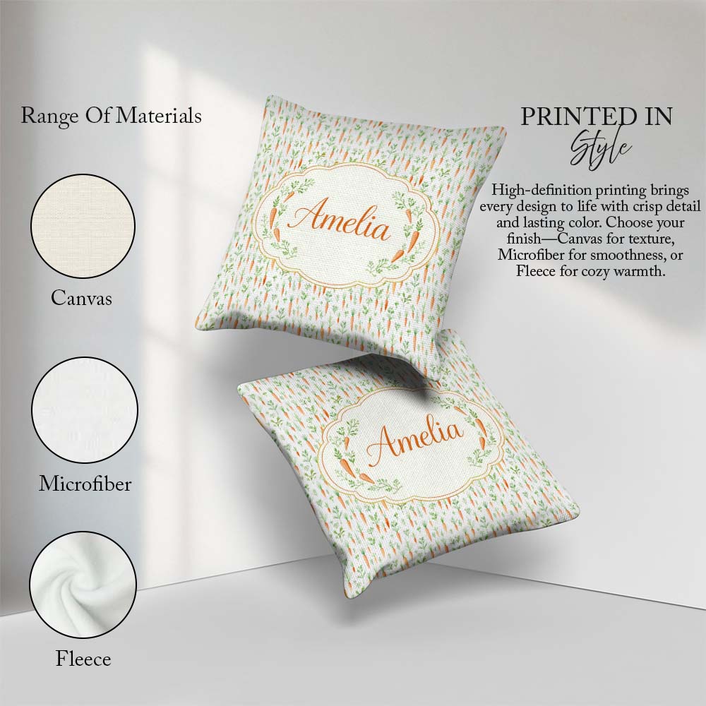 Custom Name Watercolor Carrot and Herb Botanical Seamless Lovely Square Filled Cushion Throw Pillow Sofa Bed Home Decor Zip Washable UK Made