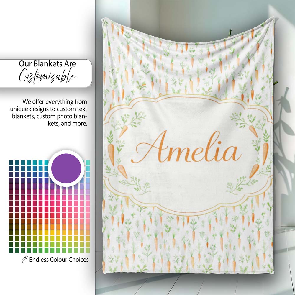Watercolor Carrot and Herb Botanical Seamless Pattern Lovely Personalised Custom Name Super Soft Fleece Blanket Bed Sofa Throw