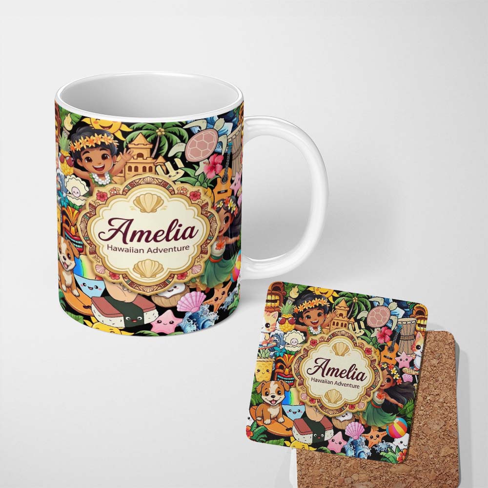 Personalized Custom Name Cute Hawaiian Kids Tiki Mask Pineapple Beach Fun Seamless Pattern 11oz Ceramic Coffee Tea Mug White Large Handle