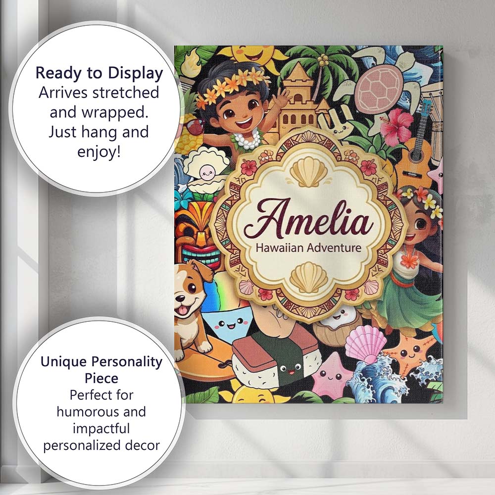 Personalised Name Cute Hawaiian Kids Tiki Custom Unique Gift Idea Elegant Feature Canvas Wall Art Print Decor Picture Ready to Hang