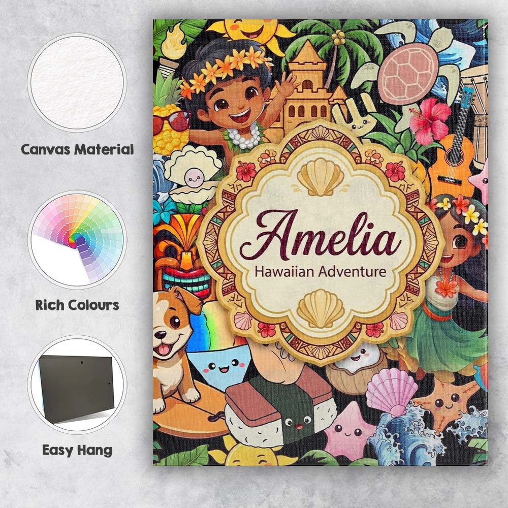 Personalised Name Cute Hawaiian Kids Tiki Custom Unique Gift Idea Elegant Feature Canvas Wall Art Print Decor Picture Ready to Hang