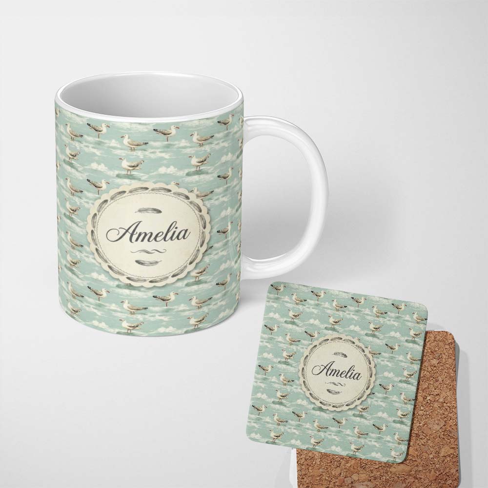 Personalized Custom Name Seagulls Walking on Beach with Gentle Waves Seamless Pattern Lovely 11oz Ceramic Coffee Tea Mug White Large Handle