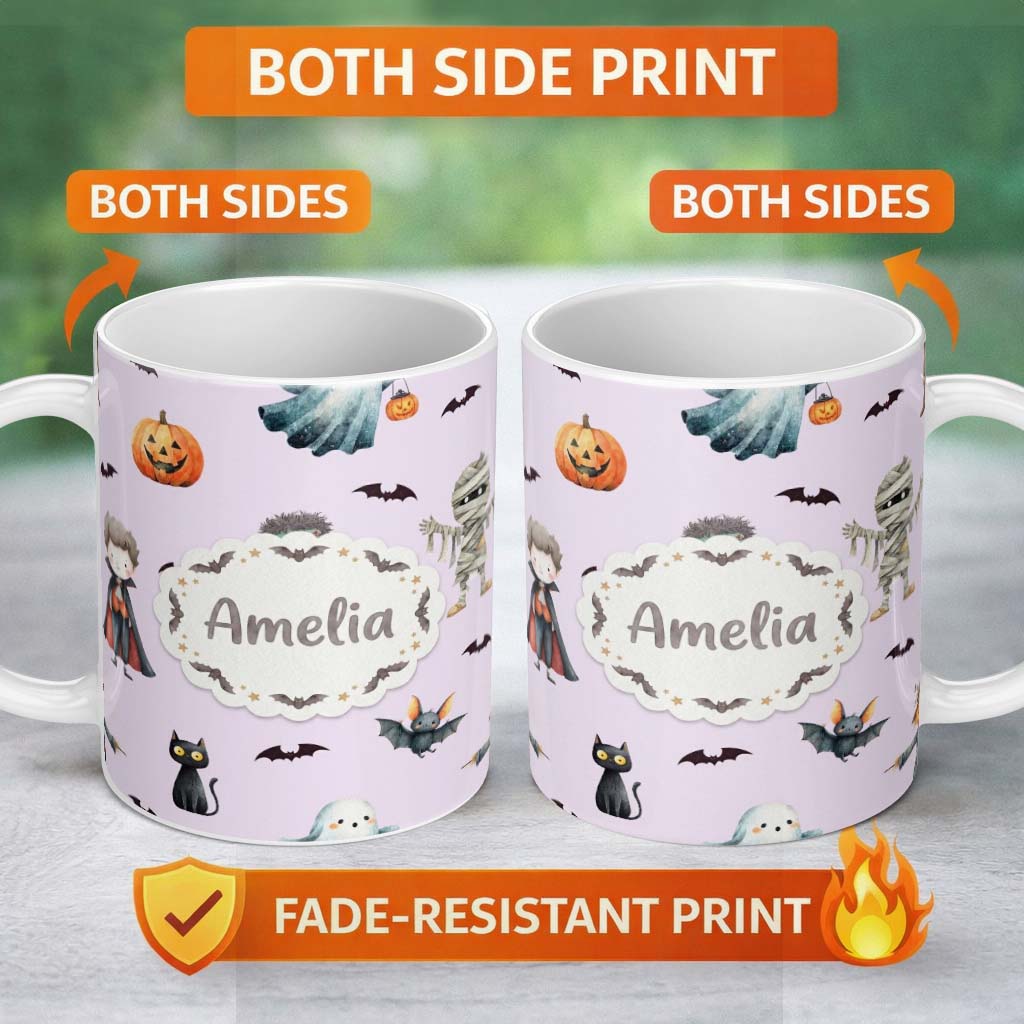 Personalized Custom Name Halloween Zombie Mummy Vampire and Bat Characters Purple Background 11oz Ceramic Coffee Tea Mug White Large Handle