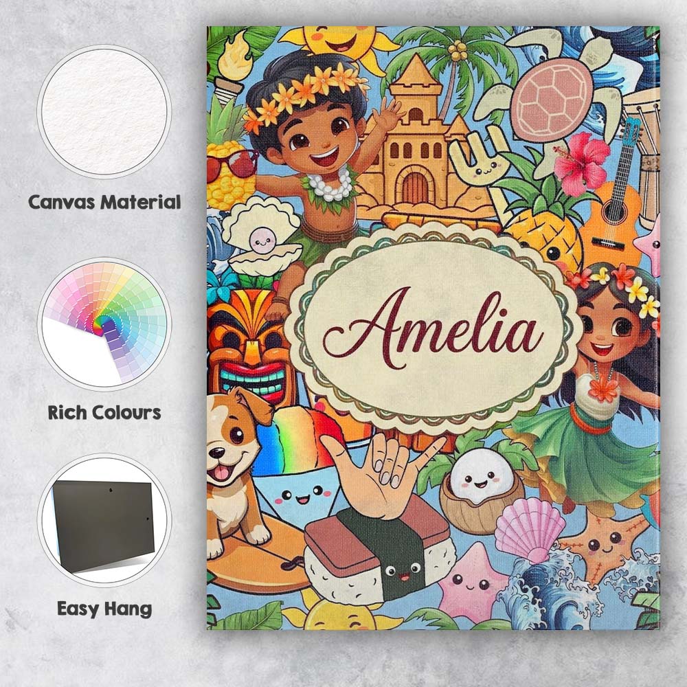 Personalised Name Cute Hawaiian Kids Tiki Custom Unique Gift Idea Elegant Feature Canvas Wall Art Print Decor Picture Ready to Hang