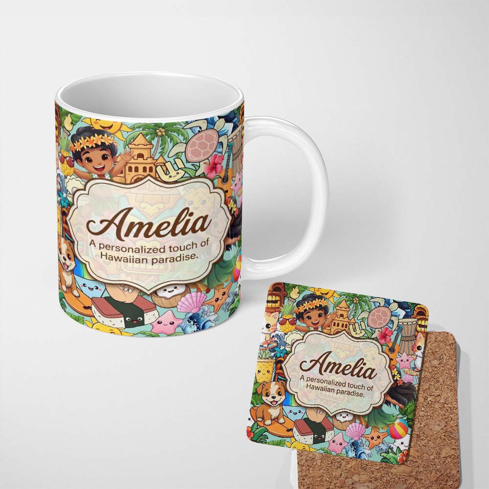 Personalized Custom Name Cute Hawaiian Kids Tiki Mask Pineapple Teal Background Seamless 11oz Ceramic Coffee Tea Mug White Large Handle
