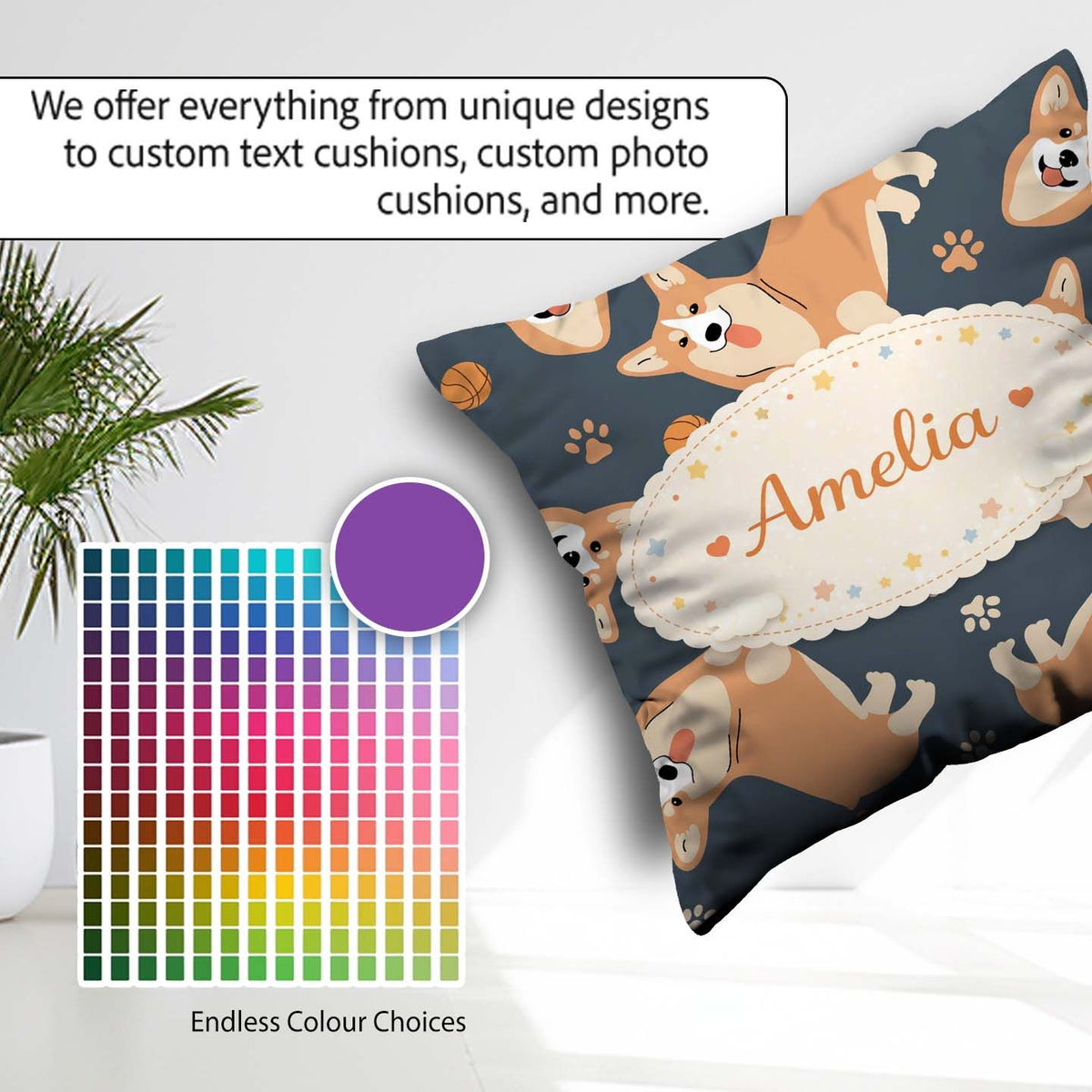 Custom Name Playful Corgi Dogs Seamless Pattern Stylish Everyday Square Filled Cushion Throw Pillow Sofa Bed Home Decor Zip Washable UK Made