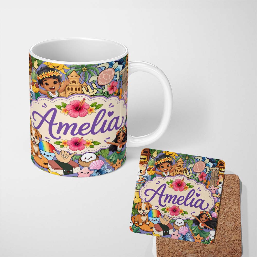 Personalized Custom Name Cute Hawaiian Kids Tiki Mask Pineapple Seamless Pattern Name Unique 11oz Ceramic Coffee Tea Mug White Large Handle