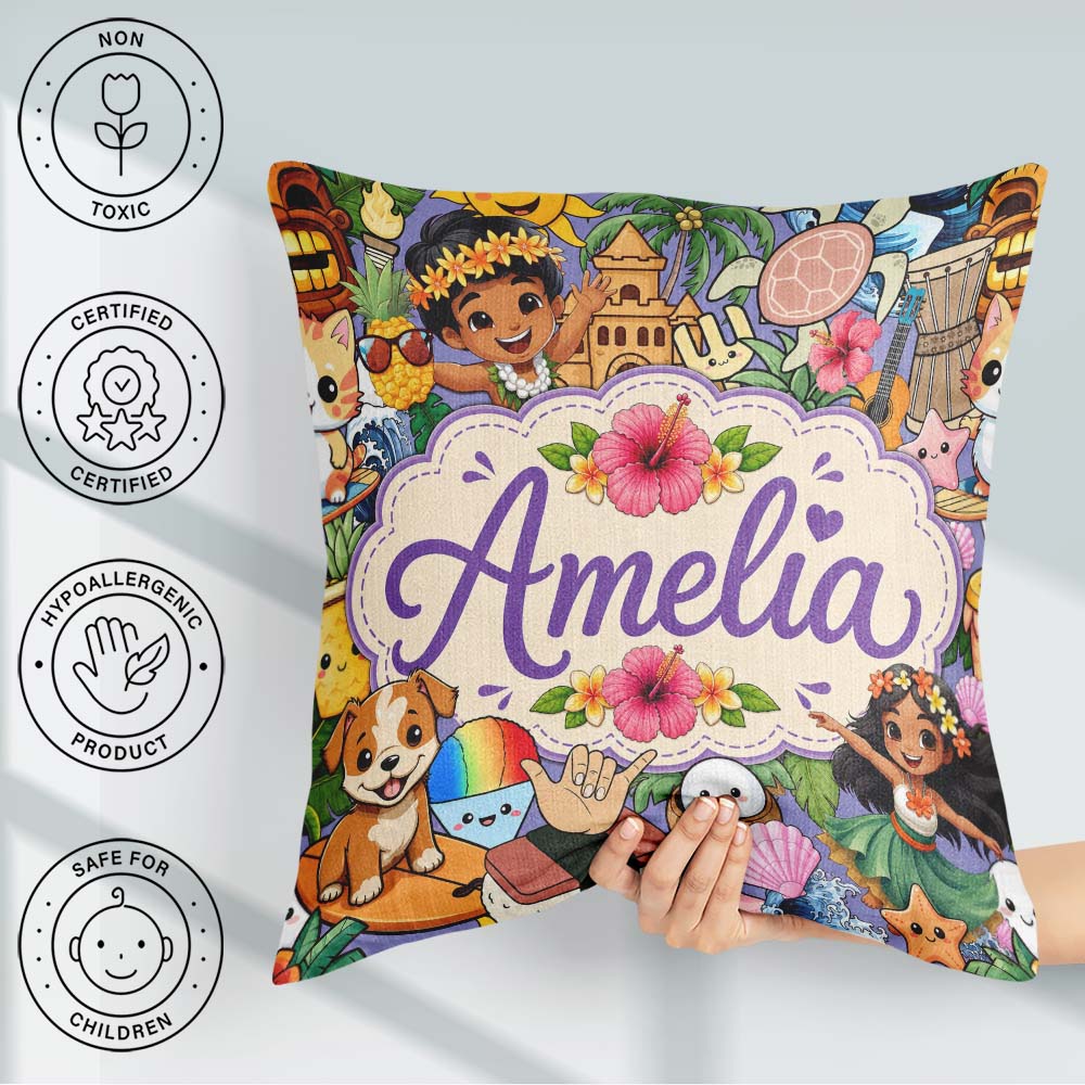 Custom Name Cute Hawaiian Kids Tiki Mask Pineapple Seamless Name Square Filled Cushion Throw Pillow Sofa Bed Home Decor Zip Washable UK Made