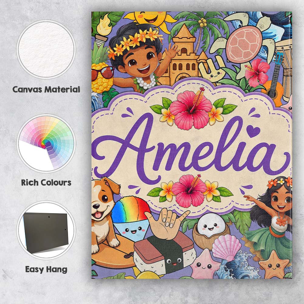 Personalised Name Cute Hawaiian Kids Tiki Custom Unique Gift Idea Elegant Feature Canvas Wall Art Print Decor Picture Ready to Hang