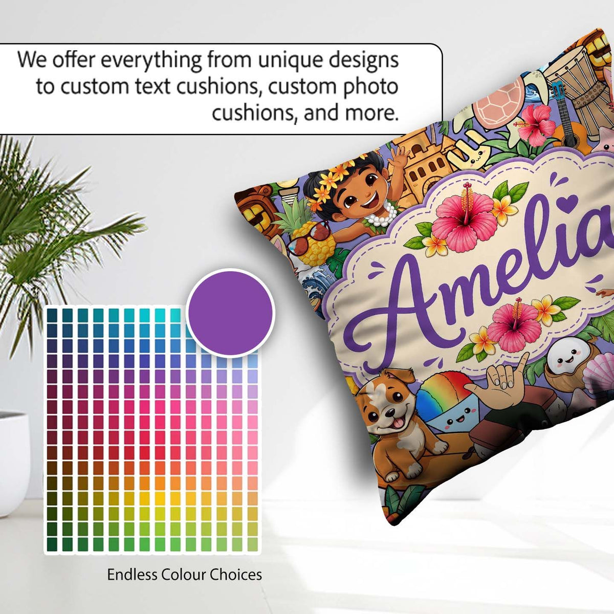 Custom Name Cute Hawaiian Kids Tiki Mask Pineapple Seamless Name Square Filled Cushion Throw Pillow Sofa Bed Home Decor Zip Washable UK Made