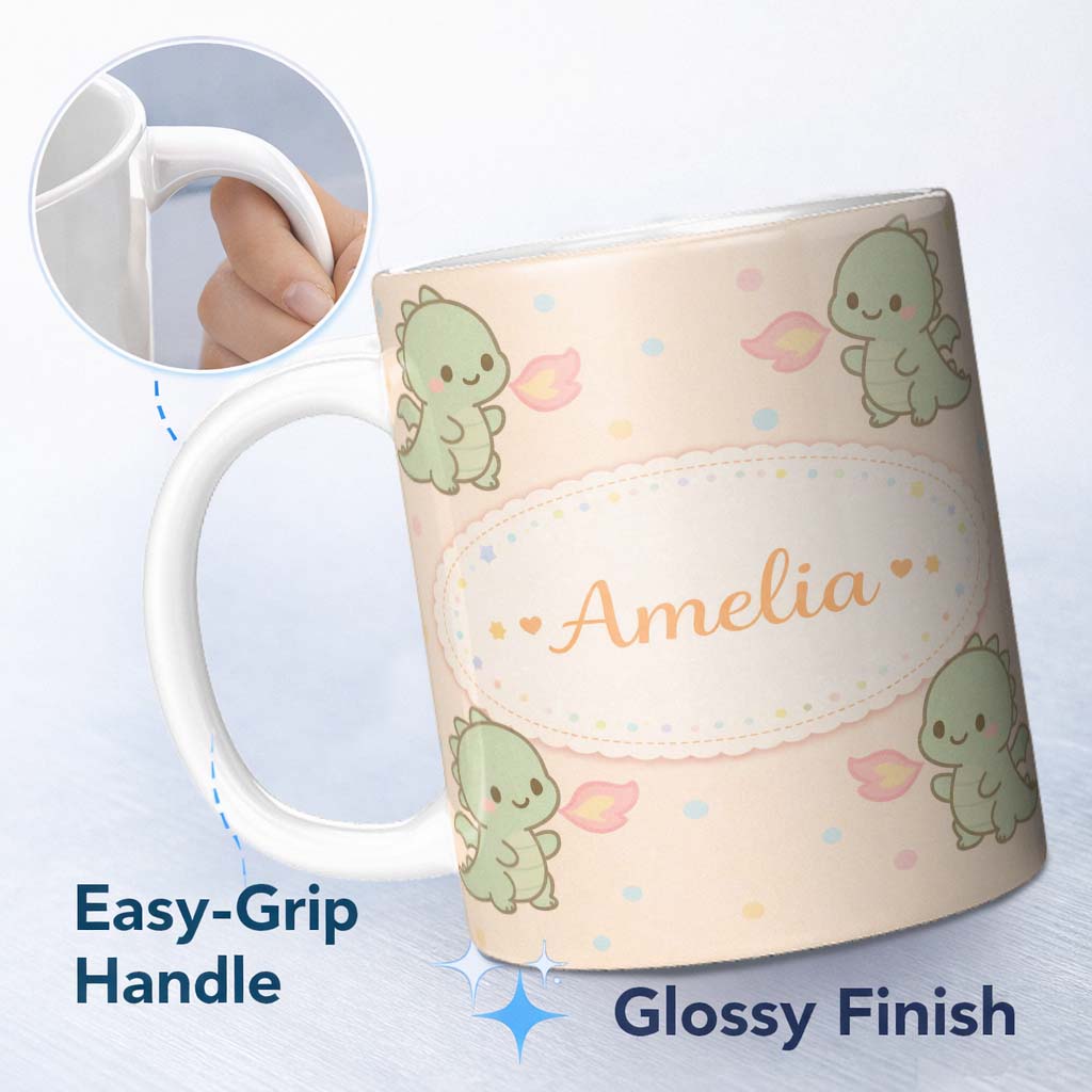 Personalized Custom Name Cute Baby Dinosaur Cartoon Animal Pattern Thoughtful Gift Idea 11oz Ceramic Coffee Tea Mug White Large Handle