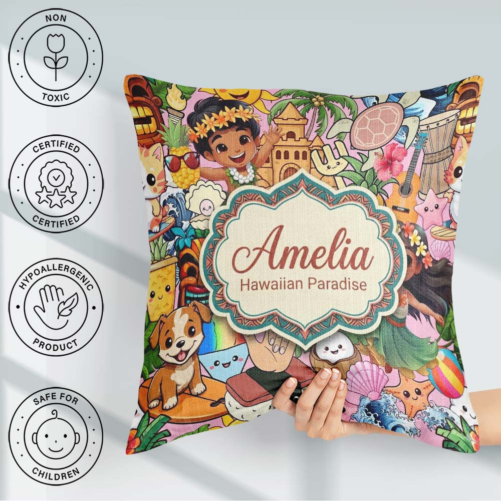 Custom Name Hawaiian Kids Tiki Mask Pineapple Beach Fun Seamless Square Filled Cushion Throw Pillow Sofa Bed Home Decor Zip Washable UK Made