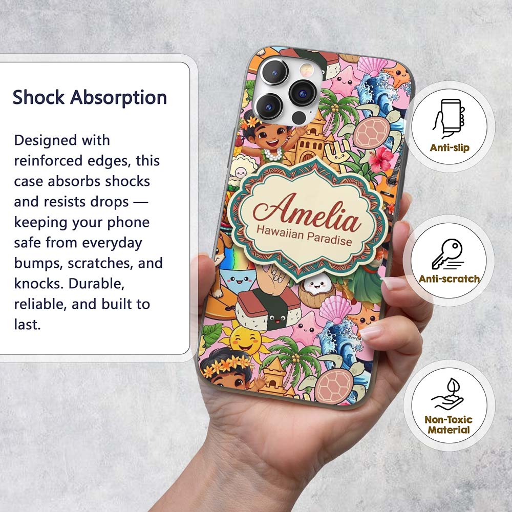 Hawaiian Kids Tiki Mask Pineapple Beach Fun Pink Custom Name Protective Phone Case Mobile Cover Durable Everyday Smartphone Shock Resistant