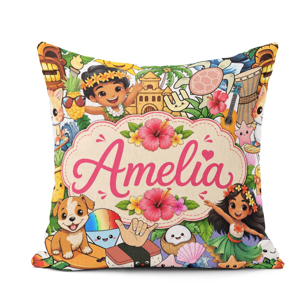 Custom Name Hawaiian Kids Tiki Mask Pineapple Beach Fun Seamless Square Filled Cushion Throw Pillow Sofa Bed Home Decor Zip Washable UK Made