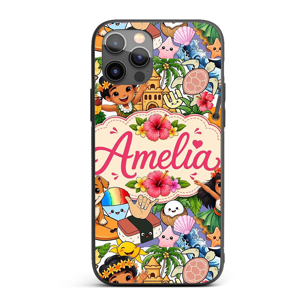 Hawaiian Kids Tiki Mask Pineapple Beach Fun White Custom Name Protective Phone Case Mobile Cover Durable Everyday Smartphone Shock Resistant