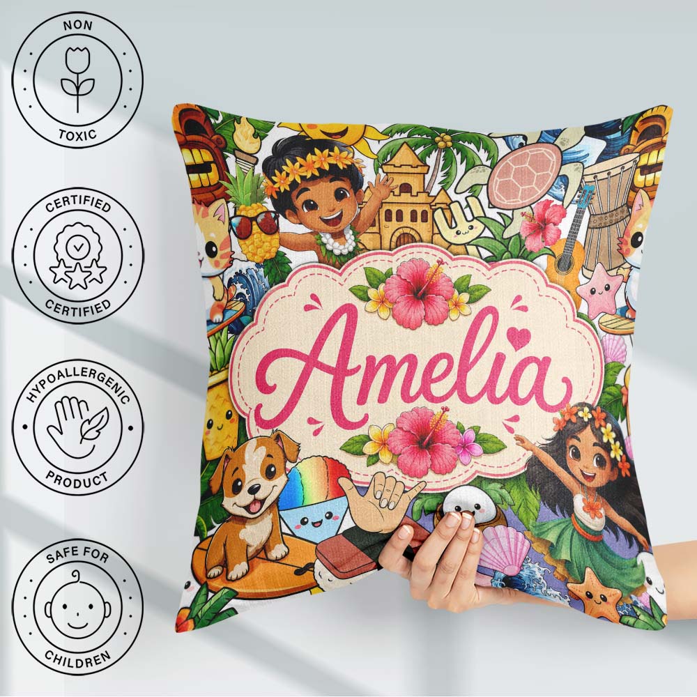 Custom Name Hawaiian Kids Tiki Mask Pineapple Beach Fun Seamless Square Filled Cushion Throw Pillow Sofa Bed Home Decor Zip Washable UK Made