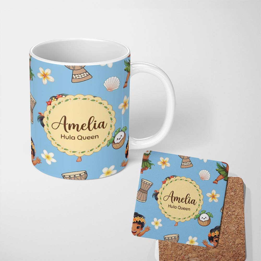Personalized Custom Name Cute Hawaiian Girl Hula Dance Coconut Shell Blue Background 11oz Ceramic Coffee Tea Mug White Large Handle