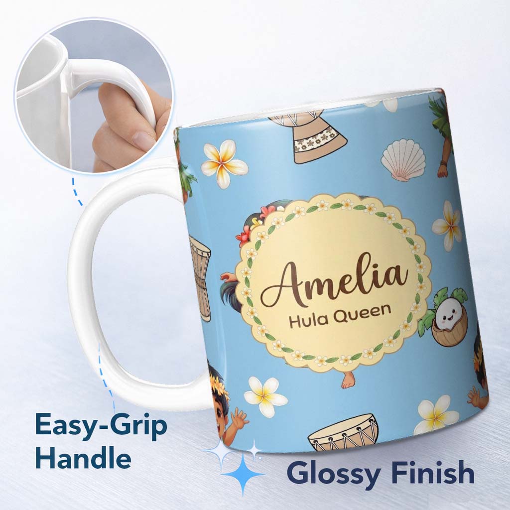 Personalized Custom Name Cute Hawaiian Girl Hula Dance Coconut Shell Blue Background 11oz Ceramic Coffee Tea Mug White Large Handle