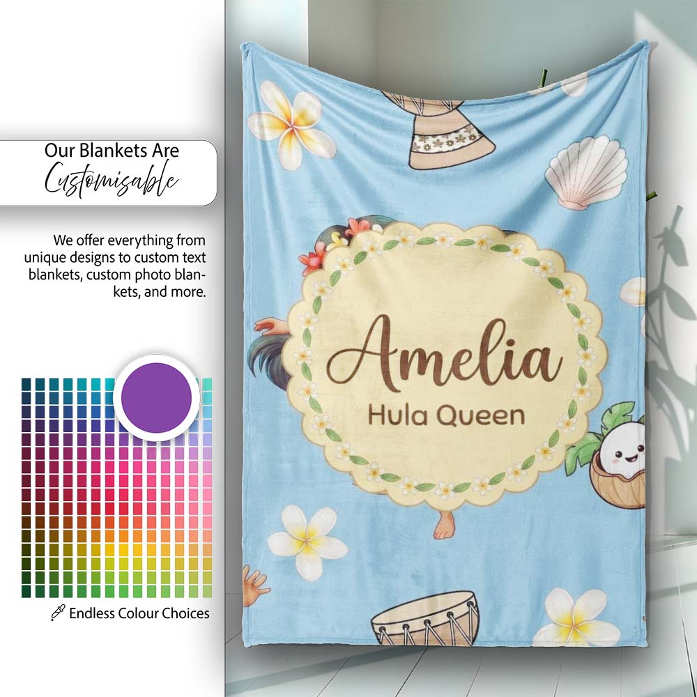 Cute Hawaiian Girl Hula Dance Coconut Shell Blue Background Personalised Custom Name Super Soft Fleece Blanket Bed Sofa Throw