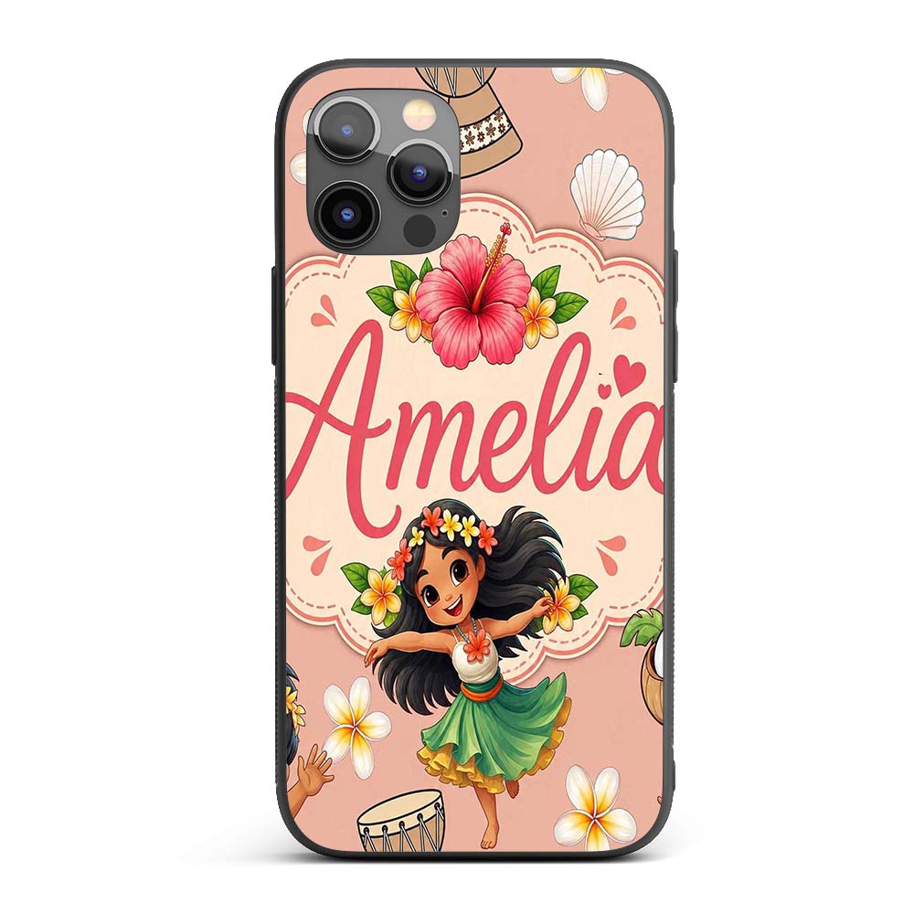 Cute Hawaiian Girl Hula Dance Coconut Shell Beige Custom Name Protective Phone Case Mobile Cover Durable Everyday Smartphone Shock Resistant
