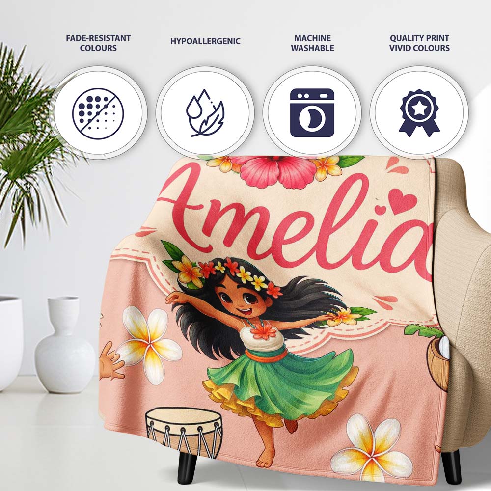 Cute Hawaiian Girl Hula Dance Coconut Shell Beige Background Personalised Custom Name Super Soft Fleece Blanket Bed Sofa Throw