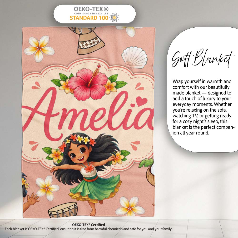 Cute Hawaiian Girl Hula Dance Coconut Shell Beige Background Personalised Custom Name Super Soft Fleece Blanket Bed Sofa Throw