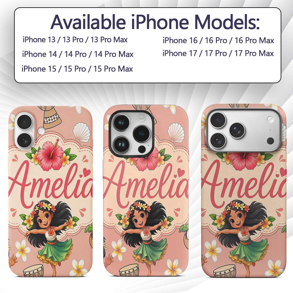 Cute Hawaiian Girl Hula Dance Coconut Shell Beige Custom Name Protective Phone Case Mobile Cover Durable Everyday Smartphone Shock Resistant