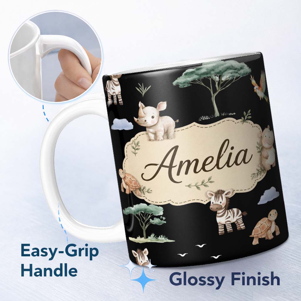 Personalized Custom Name Cute Safari Animals Zebra Turtle on Black Seamless Pattern Lovely 11oz Ceramic Coffee Tea Mug White Large Handle