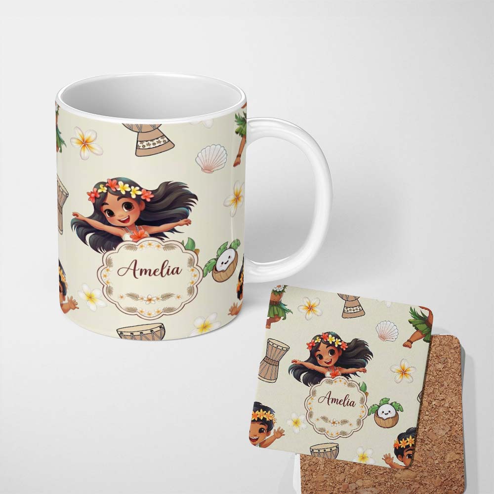 Personalized Custom Name Cute Hawaiian Girl Hula Dance Coconut Shell Cream Background 11oz Ceramic Coffee Tea Mug White Large Handle
