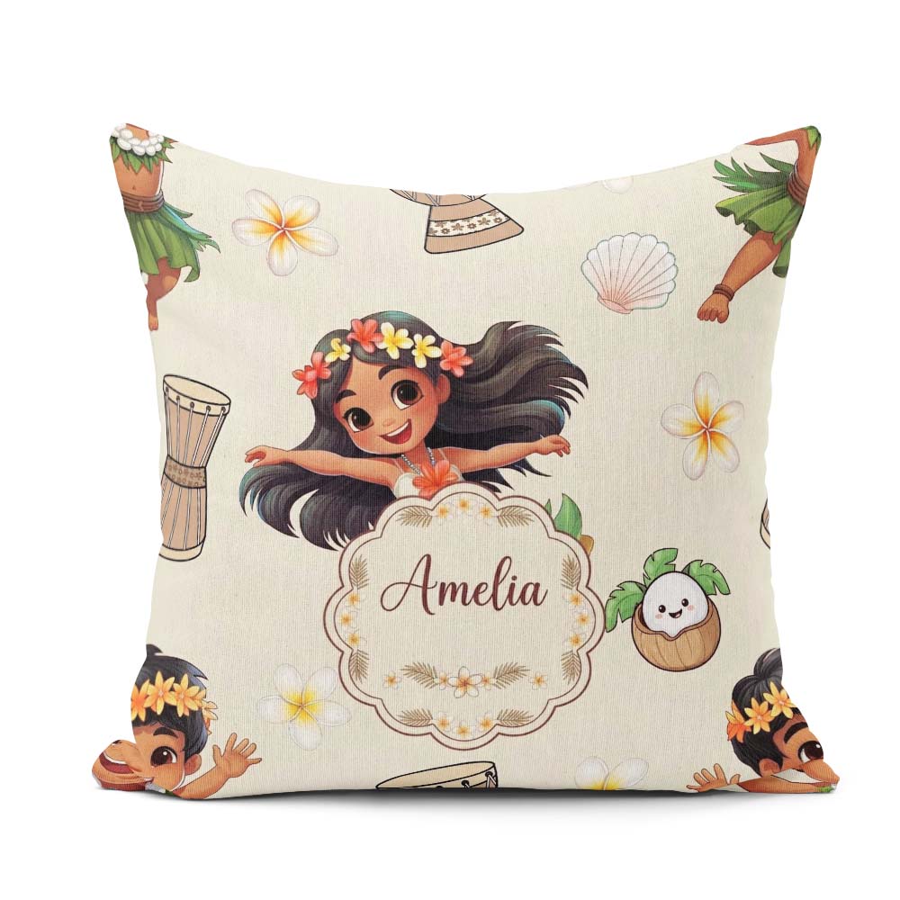 Custom Name Cute Hawaiian Girl Hula Dance Shell Cream Background Square Filled Cushion Throw Pillow Sofa Bed Home Decor Zip Washable UK Made