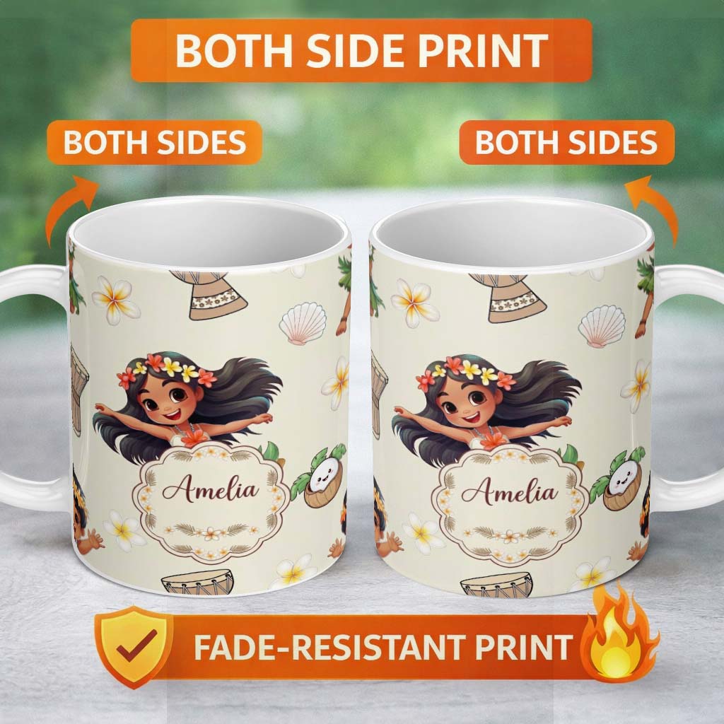Personalized Custom Name Cute Hawaiian Girl Hula Dance Coconut Shell Cream Background 11oz Ceramic Coffee Tea Mug White Large Handle