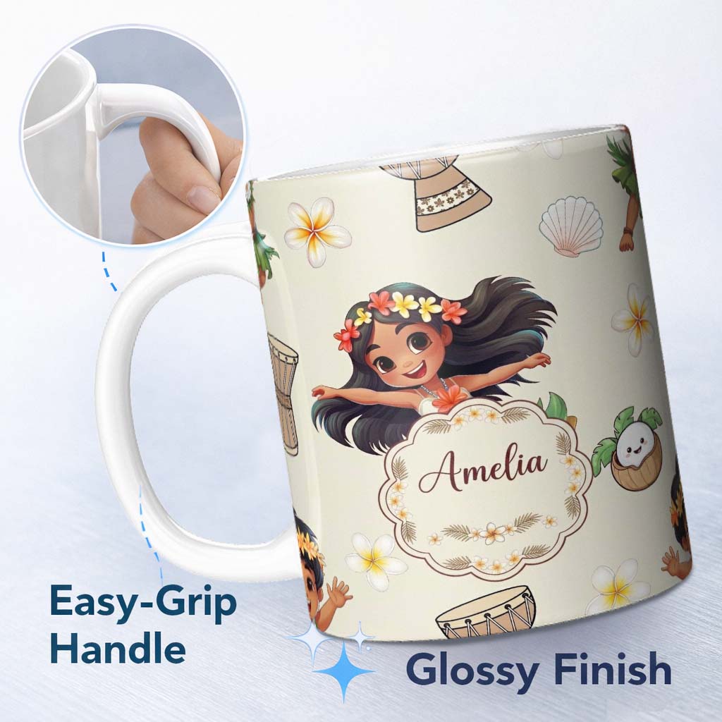Personalized Custom Name Cute Hawaiian Girl Hula Dance Coconut Shell Cream Background 11oz Ceramic Coffee Tea Mug White Large Handle