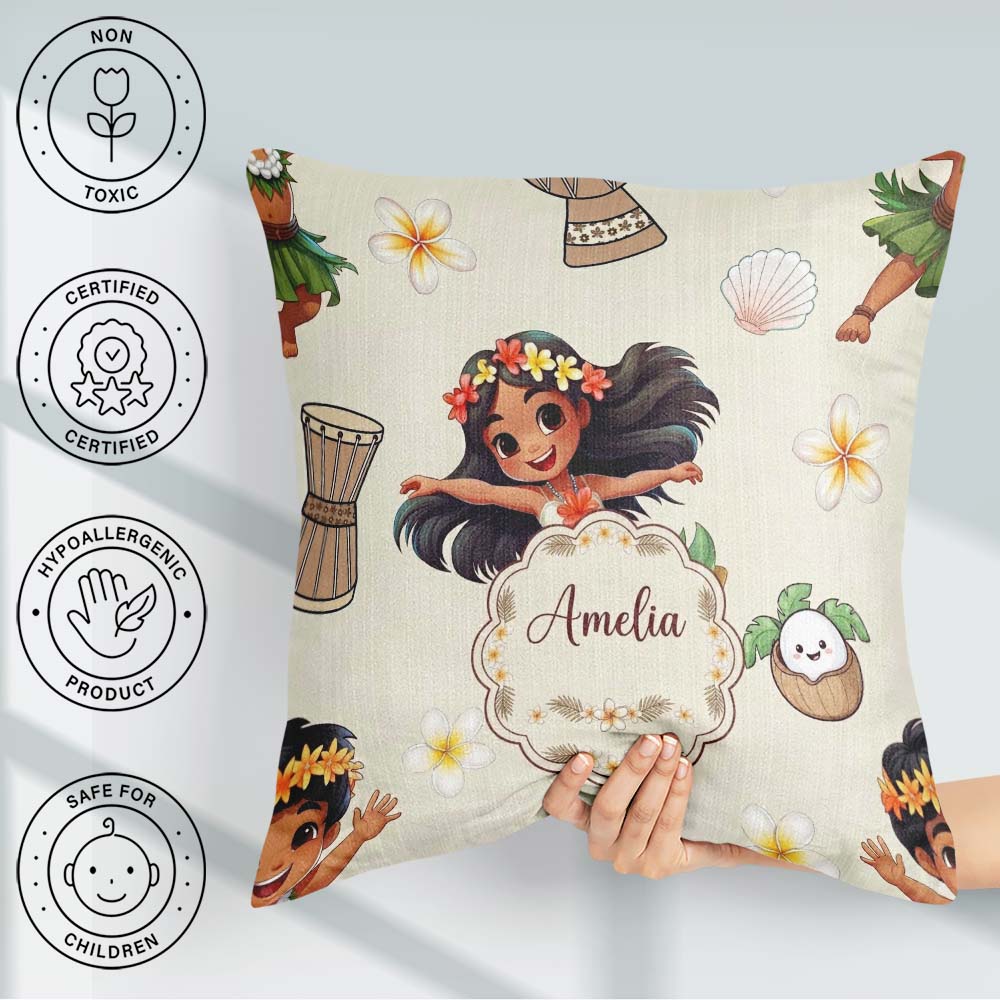 Custom Name Cute Hawaiian Girl Hula Dance Shell Cream Background Square Filled Cushion Throw Pillow Sofa Bed Home Decor Zip Washable UK Made