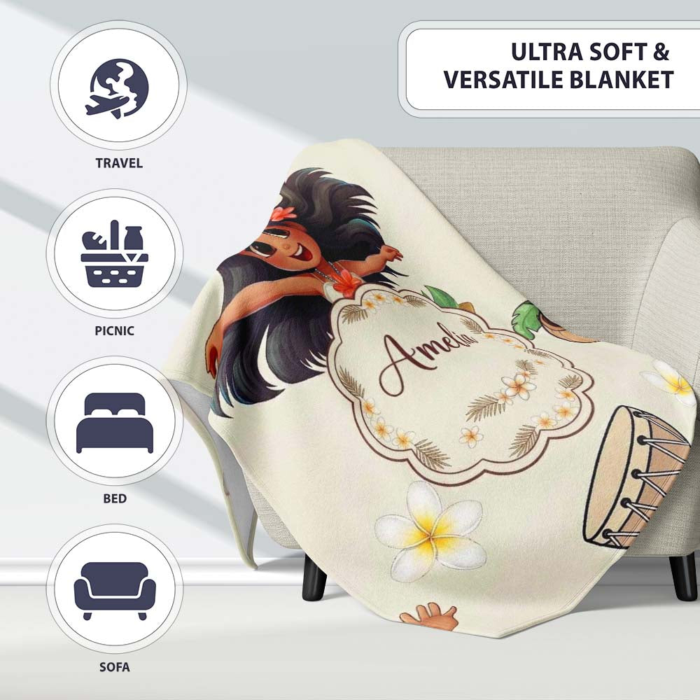 Cute Hawaiian Girl Hula Dance Coconut Shell Cream Background Personalised Custom Name Super Soft Fleece Blanket Bed Sofa Throw