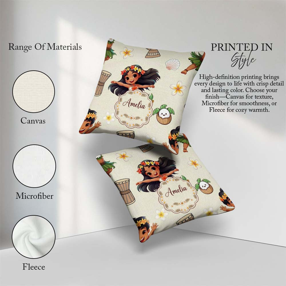 Custom Name Cute Hawaiian Girl Hula Dance Shell Cream Background Square Filled Cushion Throw Pillow Sofa Bed Home Decor Zip Washable UK Made
