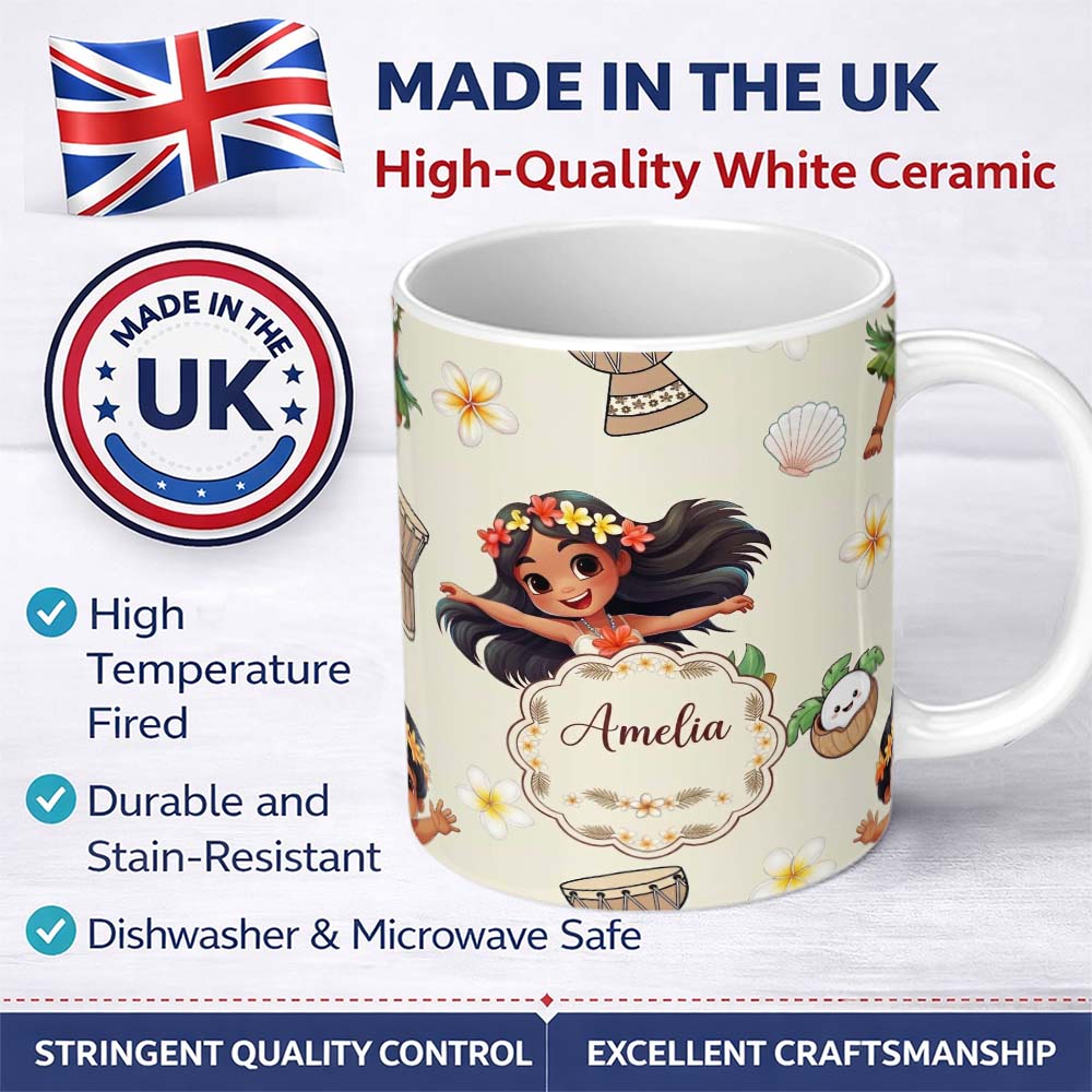 Personalized Custom Name Cute Hawaiian Girl Hula Dance Coconut Shell Cream Background 11oz Ceramic Coffee Tea Mug White Large Handle