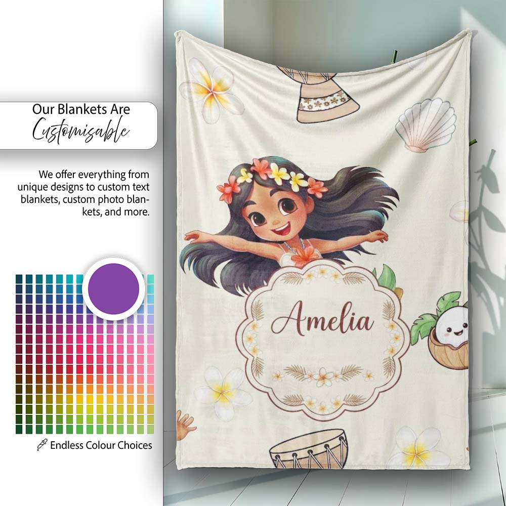 Cute Hawaiian Girl Hula Dance Coconut Shell Cream Background Personalised Custom Name Super Soft Fleece Blanket Bed Sofa Throw