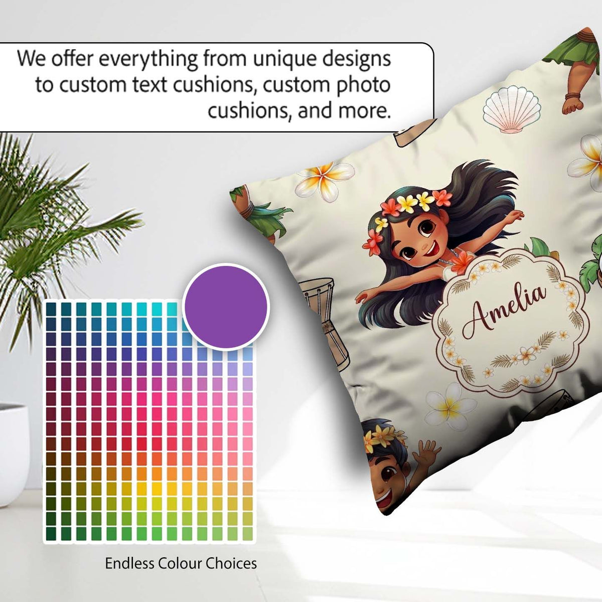 Custom Name Cute Hawaiian Girl Hula Dance Shell Cream Background Square Filled Cushion Throw Pillow Sofa Bed Home Decor Zip Washable UK Made