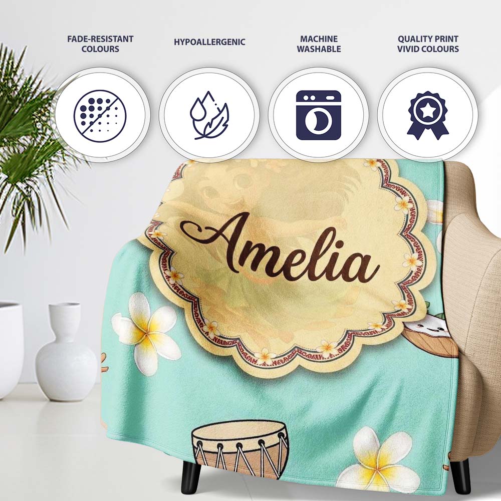 Cute Hawaiian Girl Hula Dance Coconut Shell Teal Background Personalised Custom Name Super Soft Fleece Blanket Bed Sofa Throw