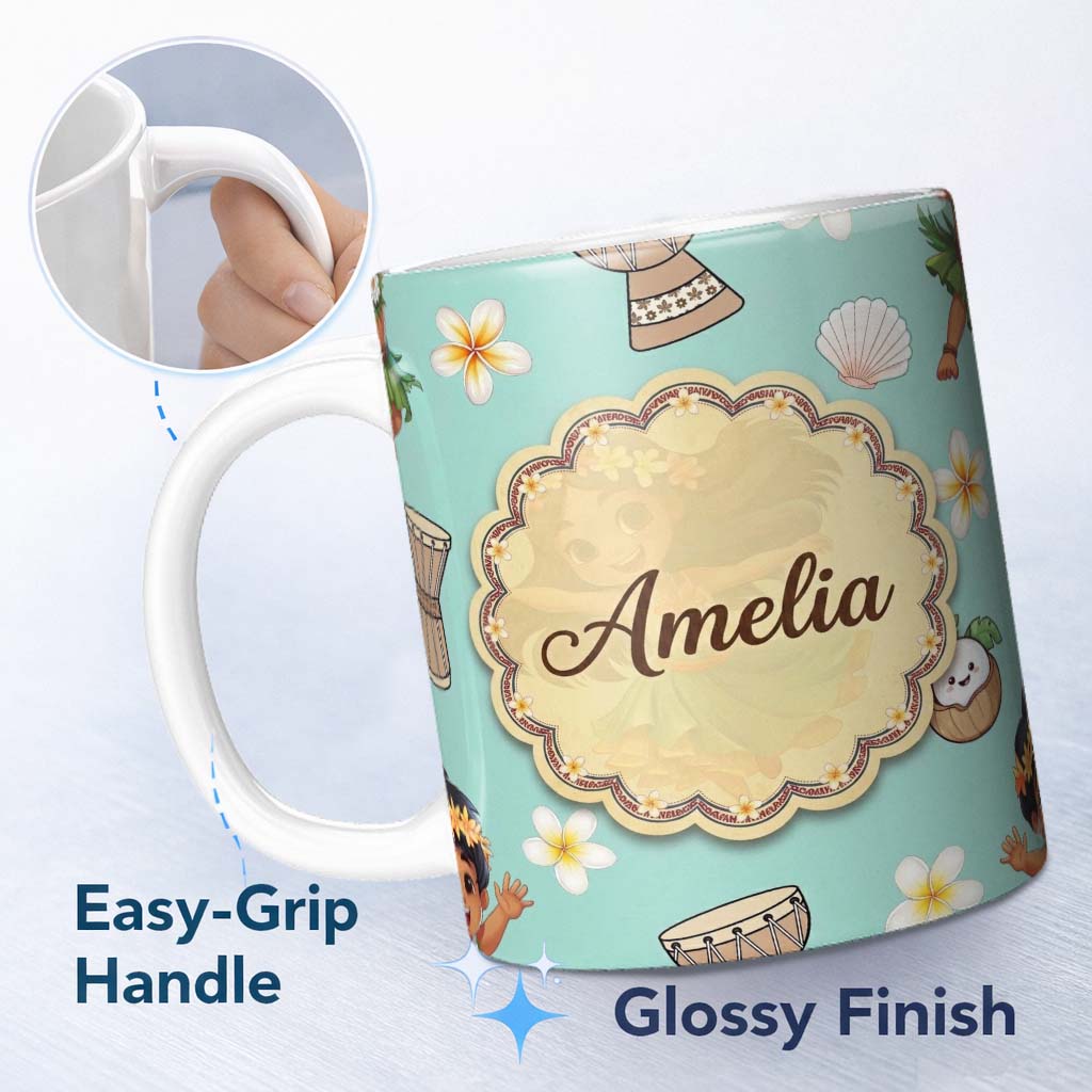 Personalized Custom Name Cute Hawaiian Girl Hula Dance Coconut Shell Teal Background 11oz Ceramic Coffee Tea Mug White Large Handle