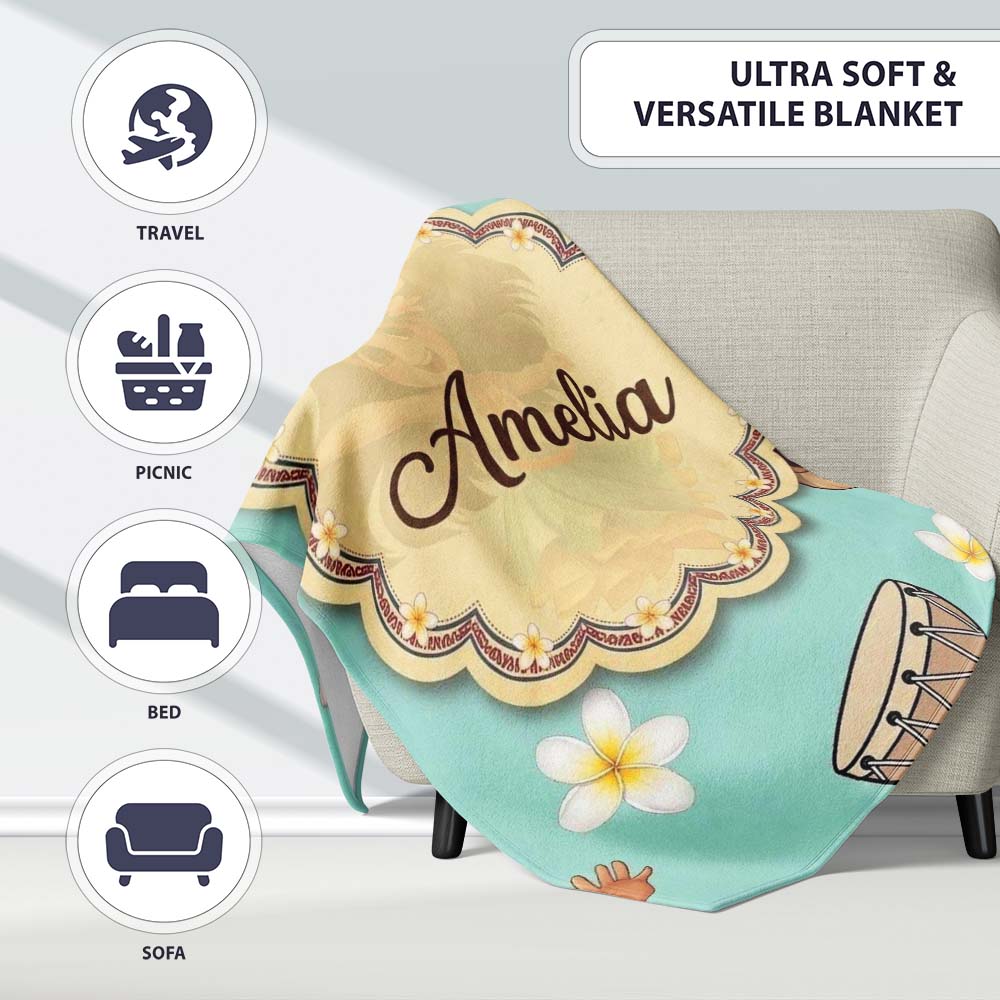 Cute Hawaiian Girl Hula Dance Coconut Shell Teal Background Personalised Custom Name Super Soft Fleece Blanket Bed Sofa Throw