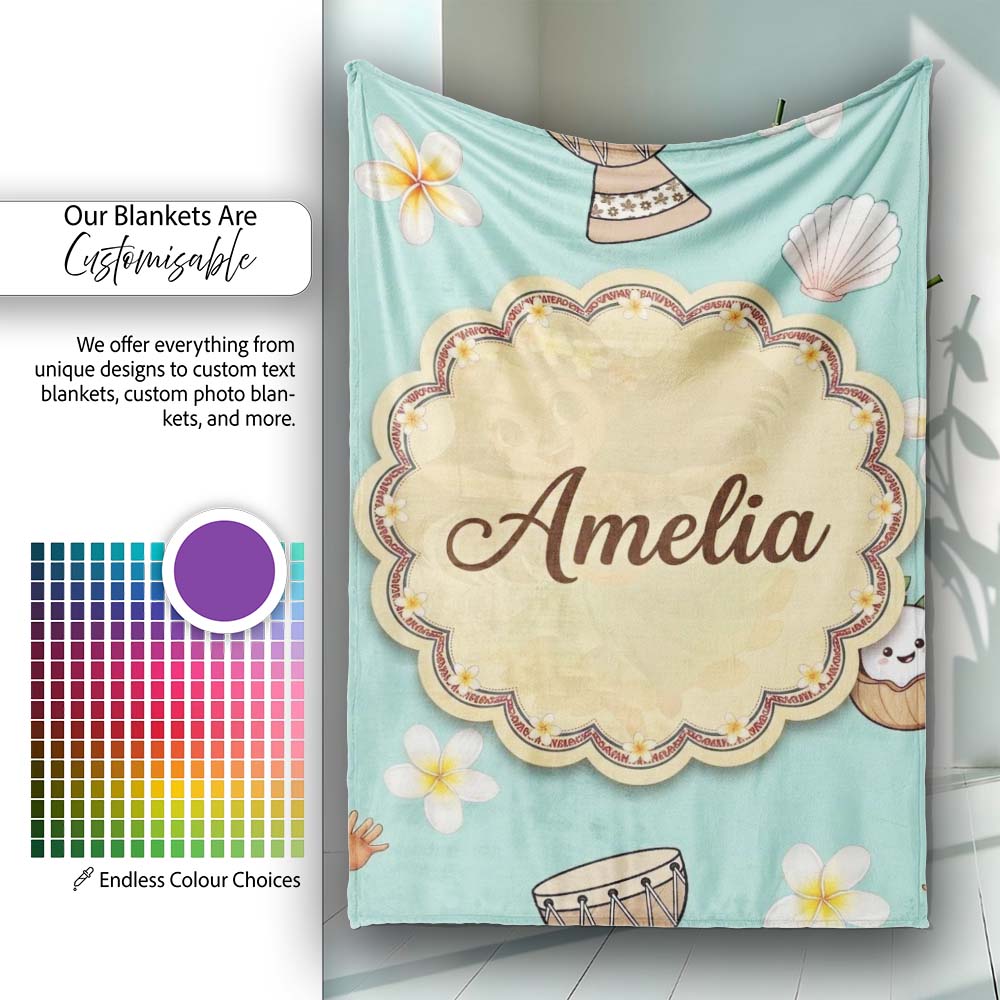 Cute Hawaiian Girl Hula Dance Coconut Shell Teal Background Personalised Custom Name Super Soft Fleece Blanket Bed Sofa Throw